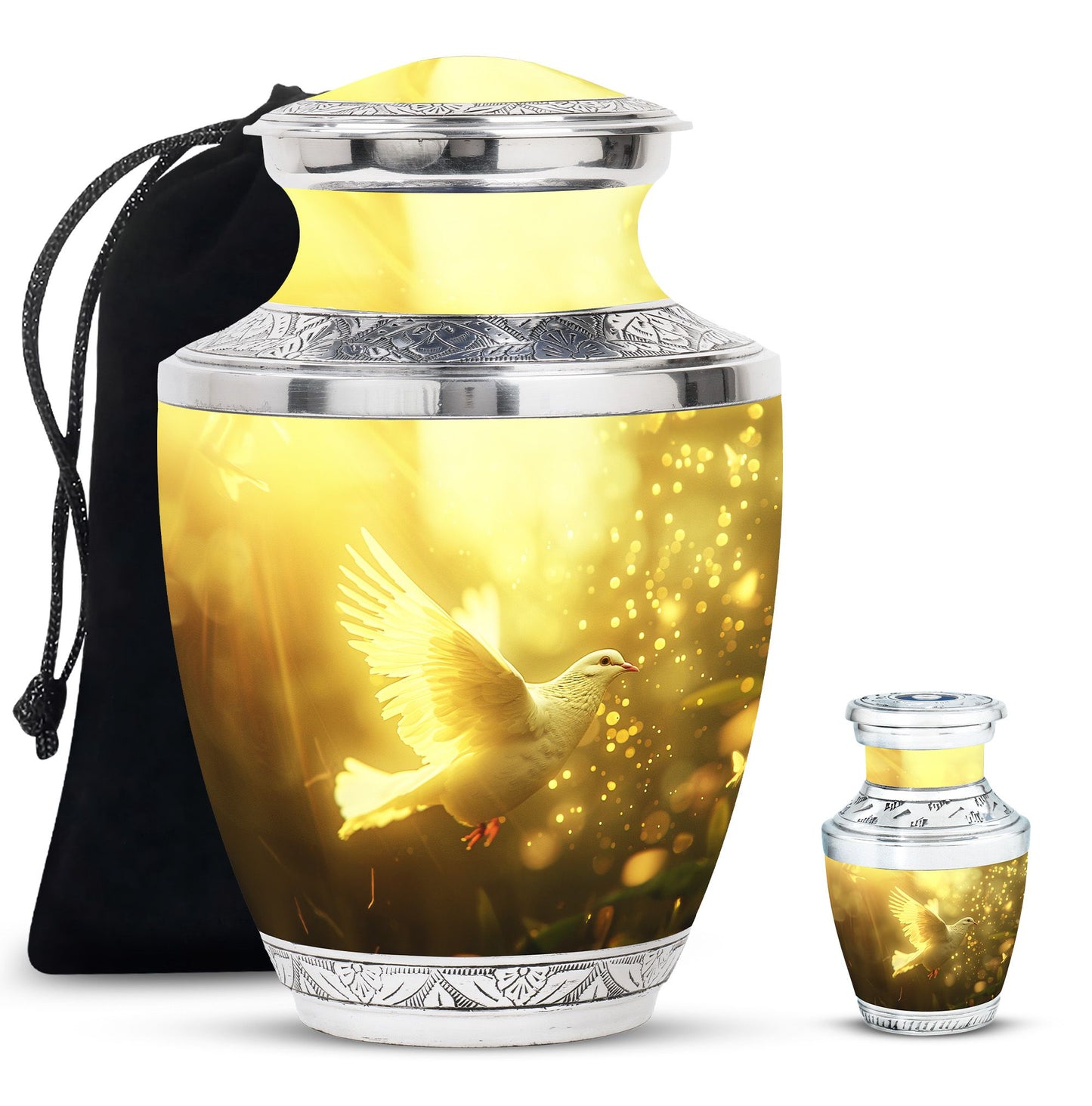 Bird Urn for Human Ashes, White Dove Through Golden Sparkling Light, Memorial Urn