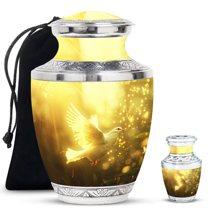 Bird Urn for Human Ashes, White Dove Through Golden Sparkling Light, Memorial Urn