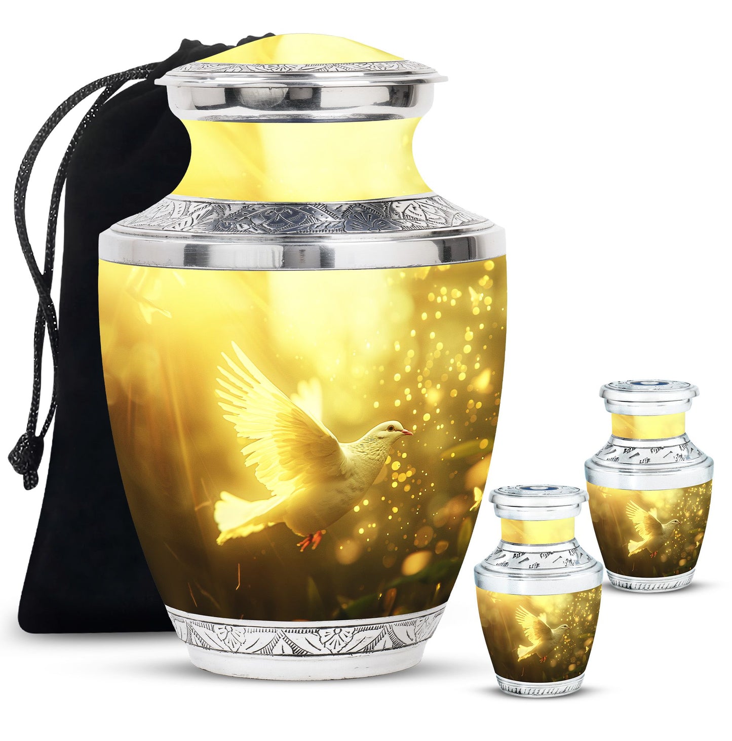 Bird Urn for Human Ashes, White Dove Through Golden Sparkling Light, Memorial Urn