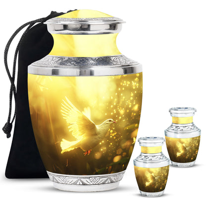 Bird Urn for Human Ashes, White Dove Through Golden Sparkling Light, Memorial Urn