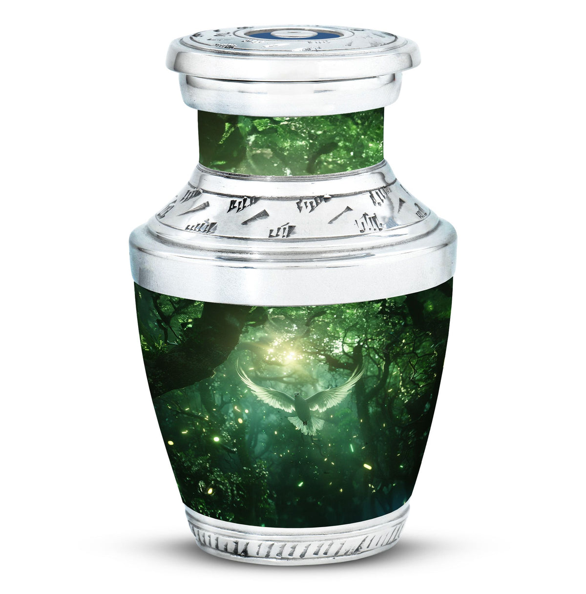 Bird Urn for Human Ashes, White Dove Through Glowing Forest, Green Memorial Urn