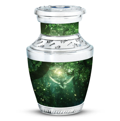 Bird Urn for Human Ashes, White Dove Through Glowing Forest, Green Memorial Urn