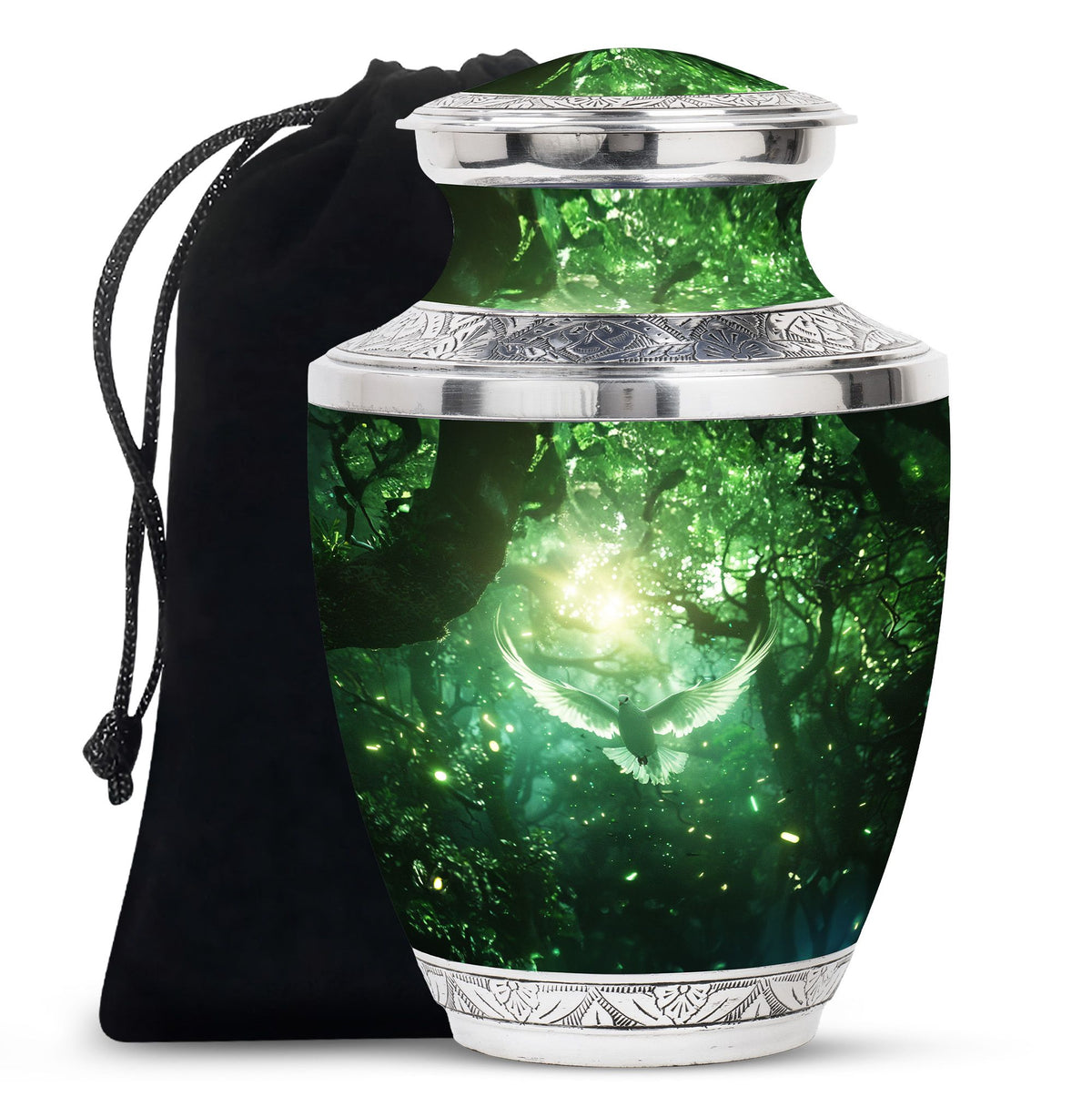 Bird Urn for Human Ashes, White Dove Through Glowing Forest, Green Memorial Urn