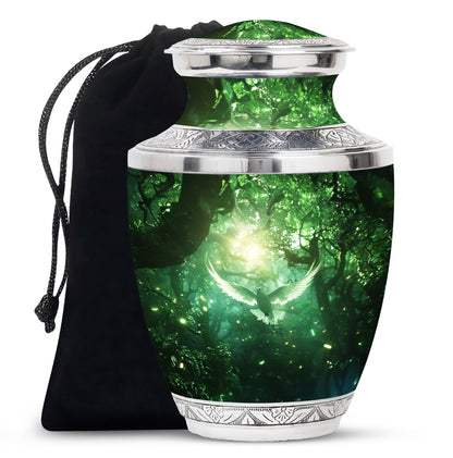 Bird Urn for Human Ashes, White Dove Through Glowing Forest, Green Memorial Urn