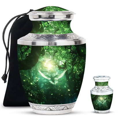 Bird Urn for Human Ashes, White Dove Through Glowing Forest, Green Memorial Urn