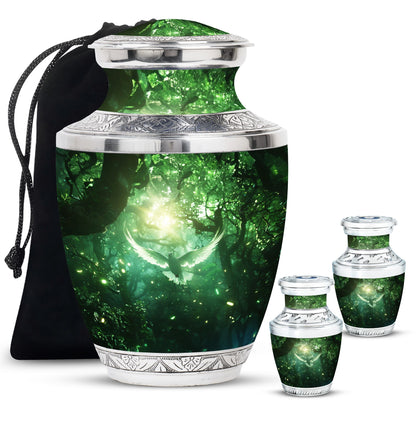 Bird Urn for Human Ashes, White Dove Through Glowing Forest, Green Memorial Urn