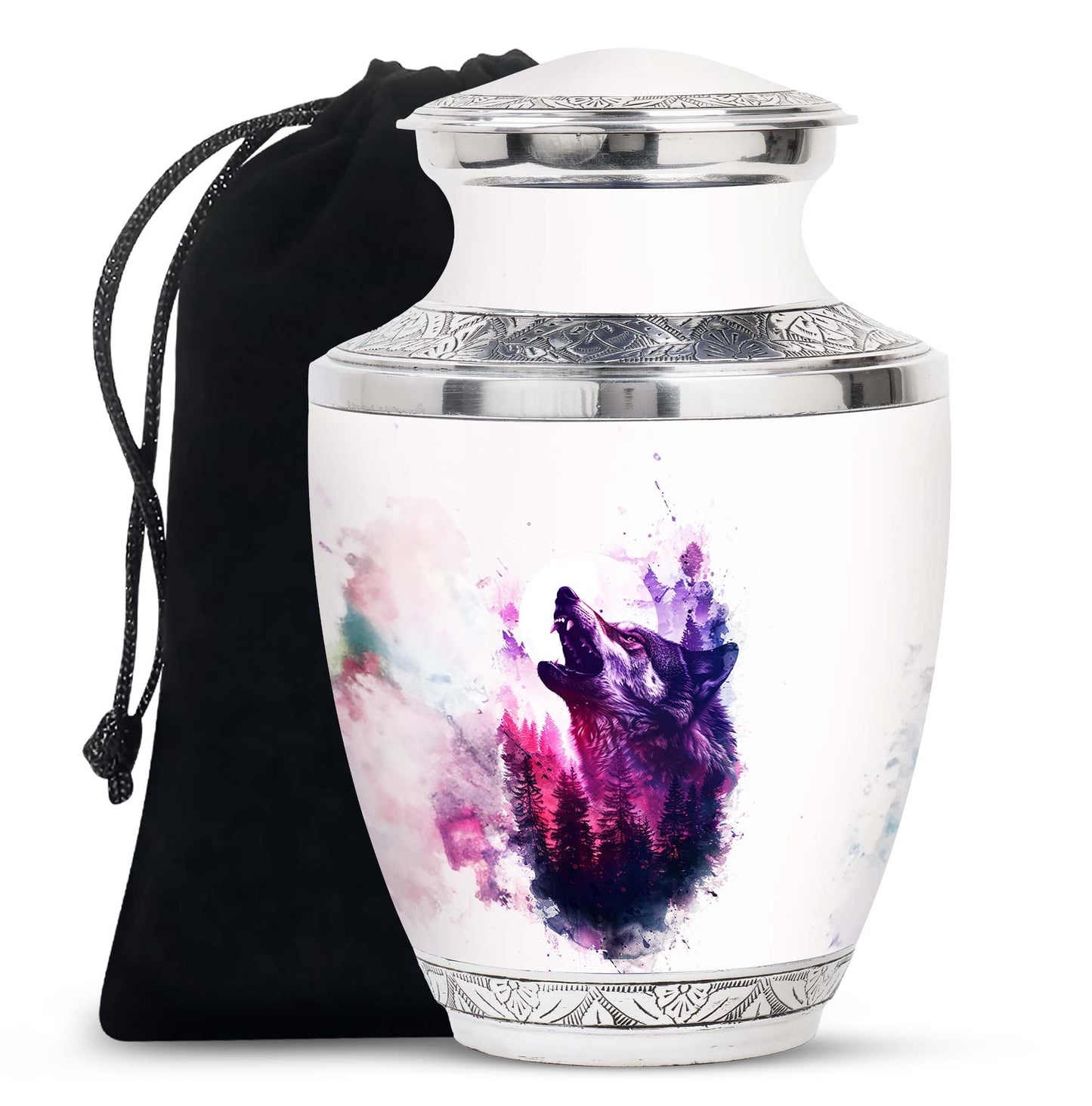 Wolf Urn for Human Ashes, White Watercolor Howling at the Moon, Classic Urn