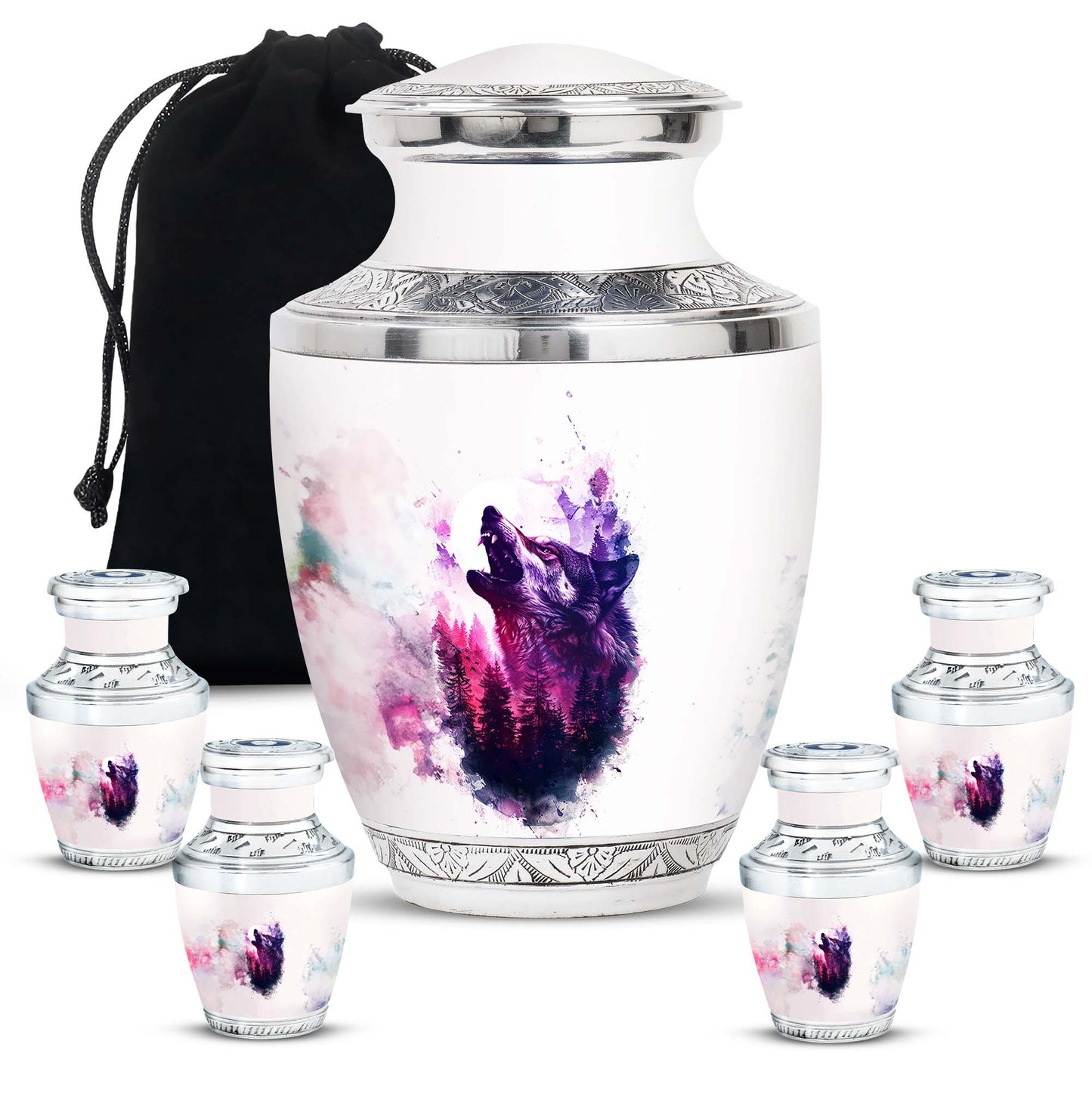 Wolf Urn for Human Ashes, White Watercolor Howling at the Moon, Classic Urn