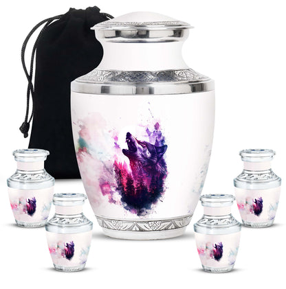 Wolf Urn for Human Ashes, White Watercolor Howling at the Moon, Classic Urn