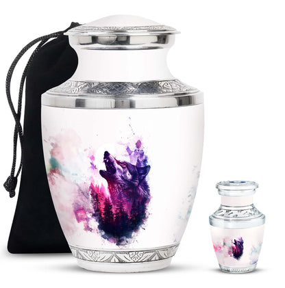 Wolf Urn for Human Ashes, White Watercolor Howling at the Moon, Classic Urn