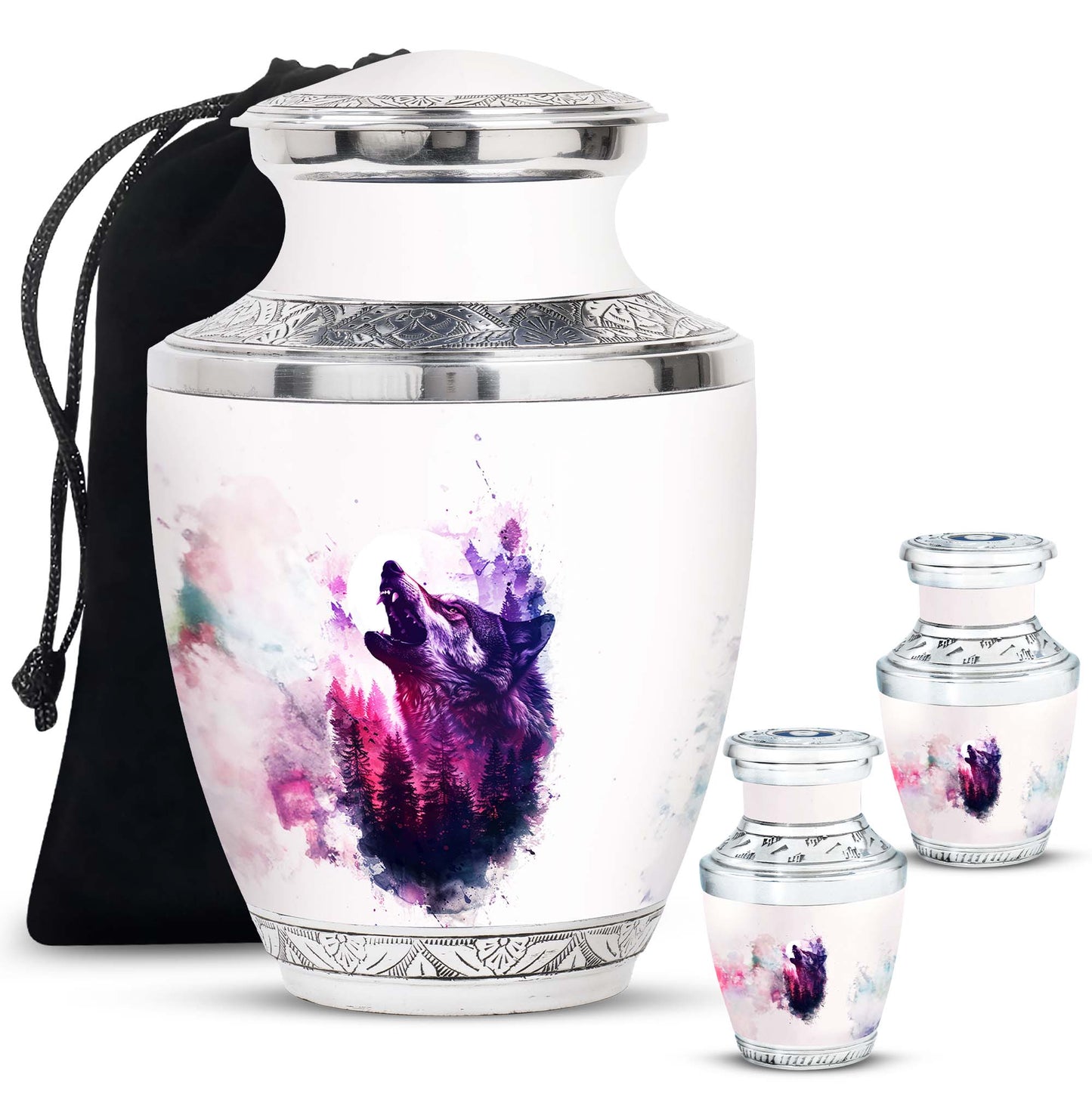 Wolf Urn for Human Ashes, White Watercolor Howling at the Moon, Classic Urn