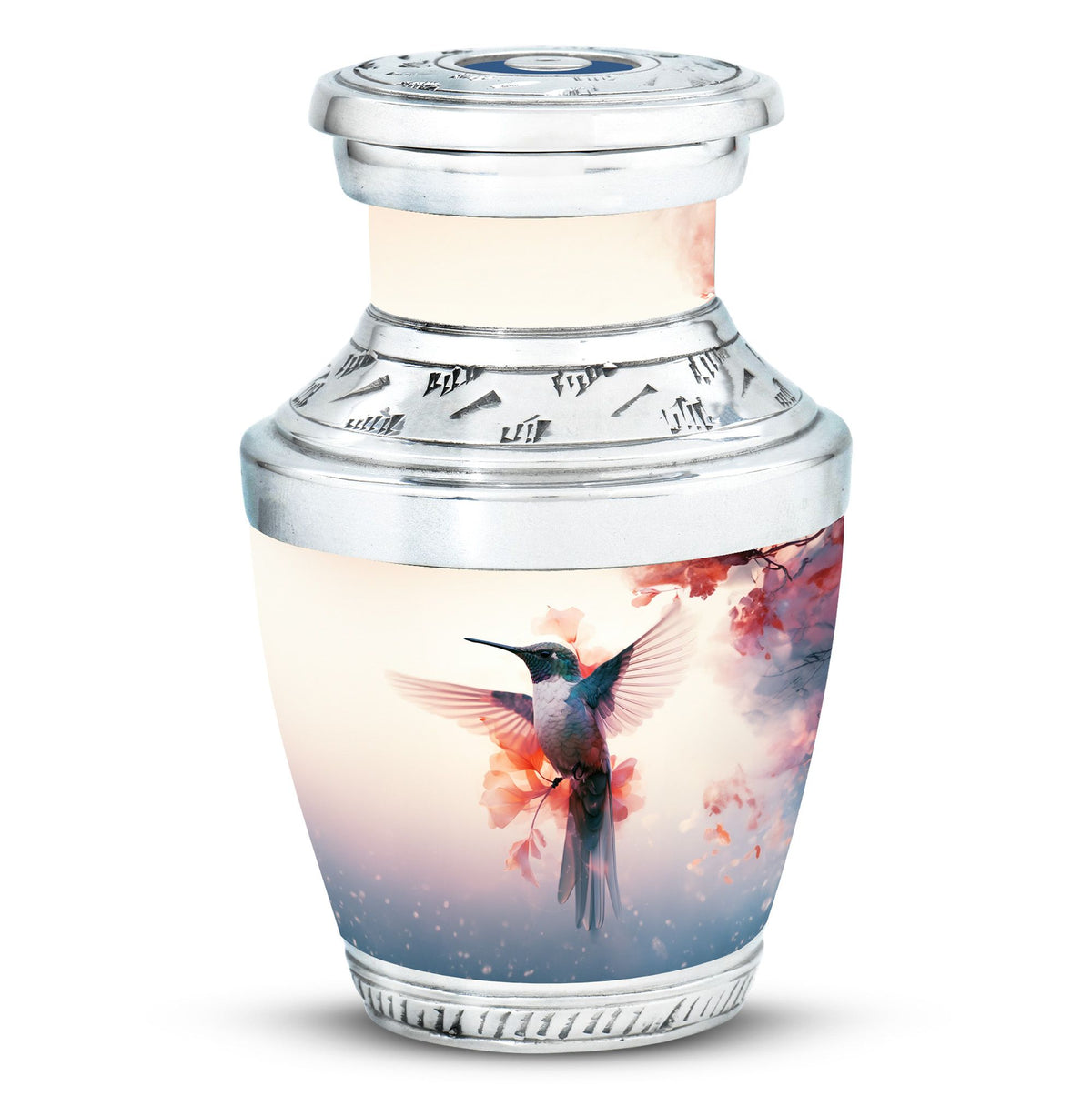 Hummingbird Urn for Human Ashes with Pink Floral Accents, White Memorial Urn
