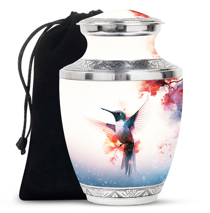 Hummingbird Urn for Human Ashes with Pink Floral Accents, White Memorial Urn