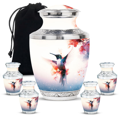 Hummingbird Urn for Human Ashes with Pink Floral Accents, White Memorial Urn