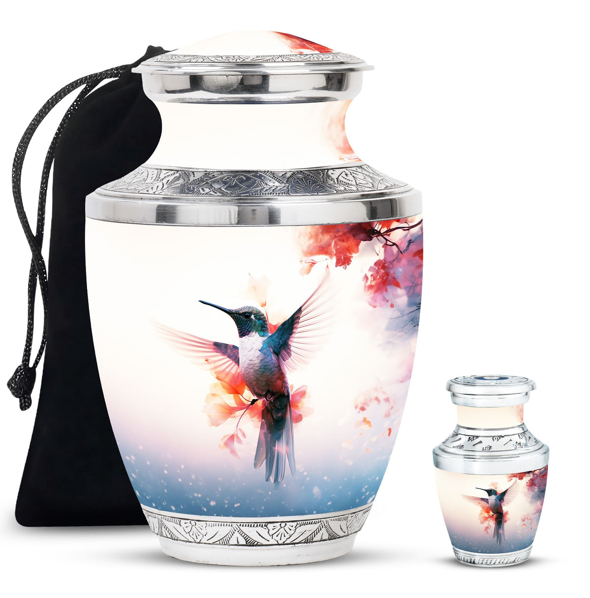 Hummingbird Urn for Human Ashes with Pink Floral Accents, White Memorial Urn
