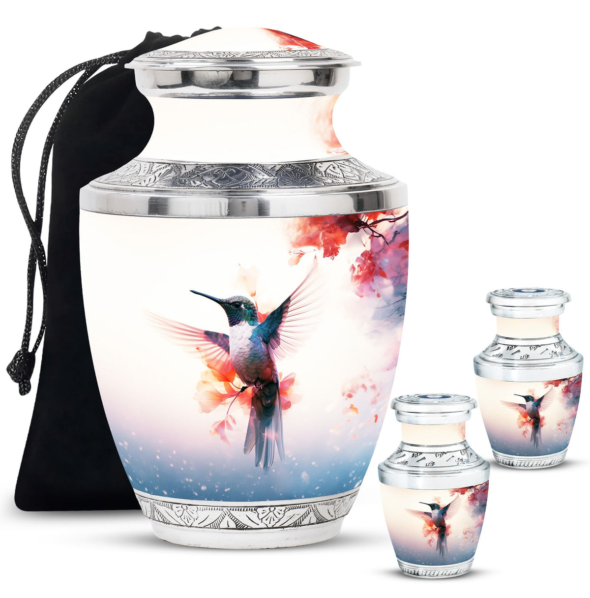 Hummingbird Urn for Human Ashes with Pink Floral Accents, White Memorial Urn