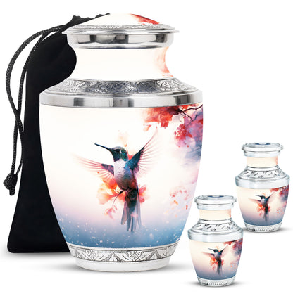 Hummingbird Urn for Human Ashes with Pink Floral Accents, White Memorial Urn