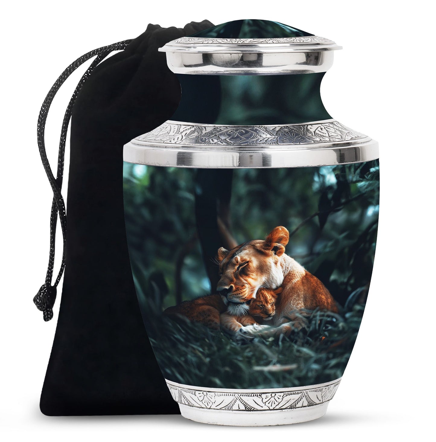 Lion Urn for Human Ashes with Lioness and Cub, Memorial Urn