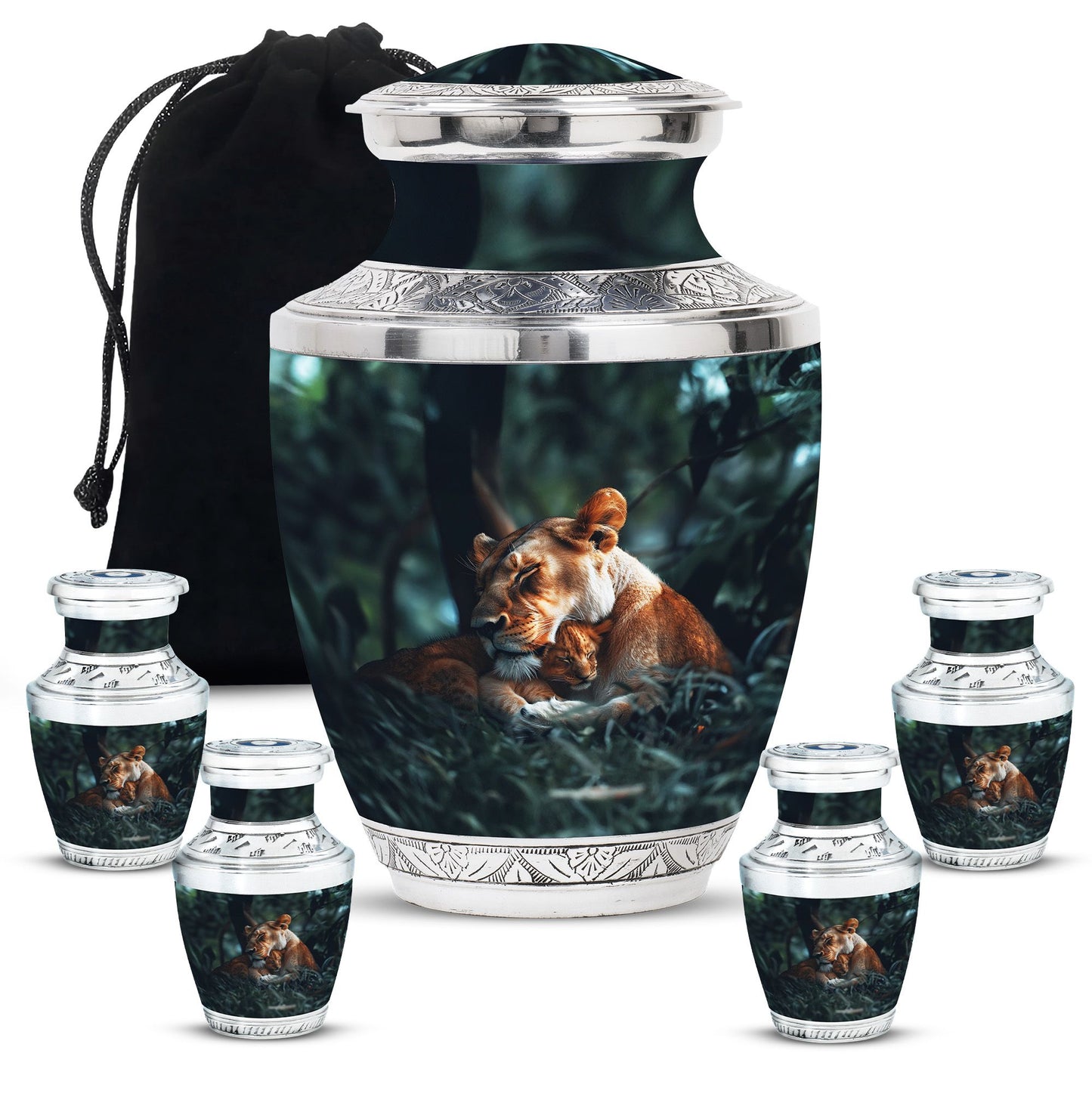 Lion Urn for Human Ashes with Lioness and Cub, Memorial Urn