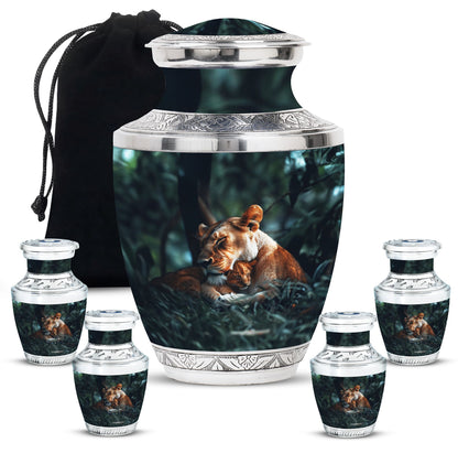 Lion Urn for Human Ashes with Lioness and Cub, Memorial Urn