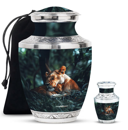 Lion Urn for Human Ashes with Lioness and Cub, Memorial Urn