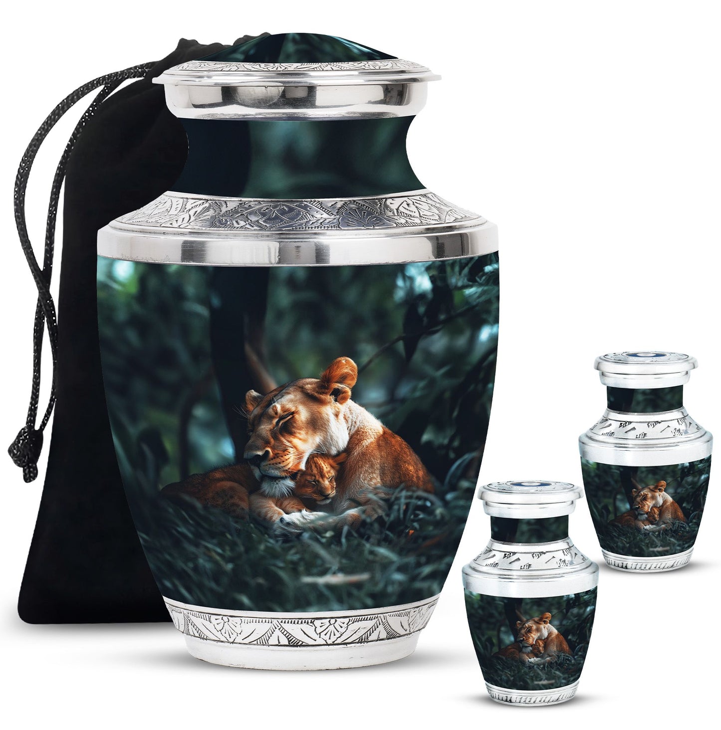 Lion Urn for Human Ashes with Lioness and Cub, Memorial Urn