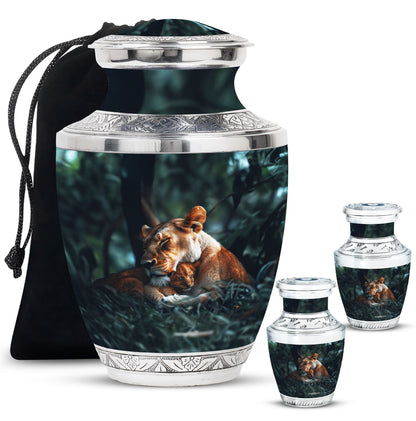 Lion Urn for Human Ashes with Lioness and Cub, Memorial Urn