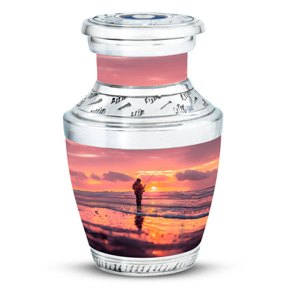 Fishing Urn for Pet Ashes, Angler with Rod at Pink Sunset, Memorial Urn