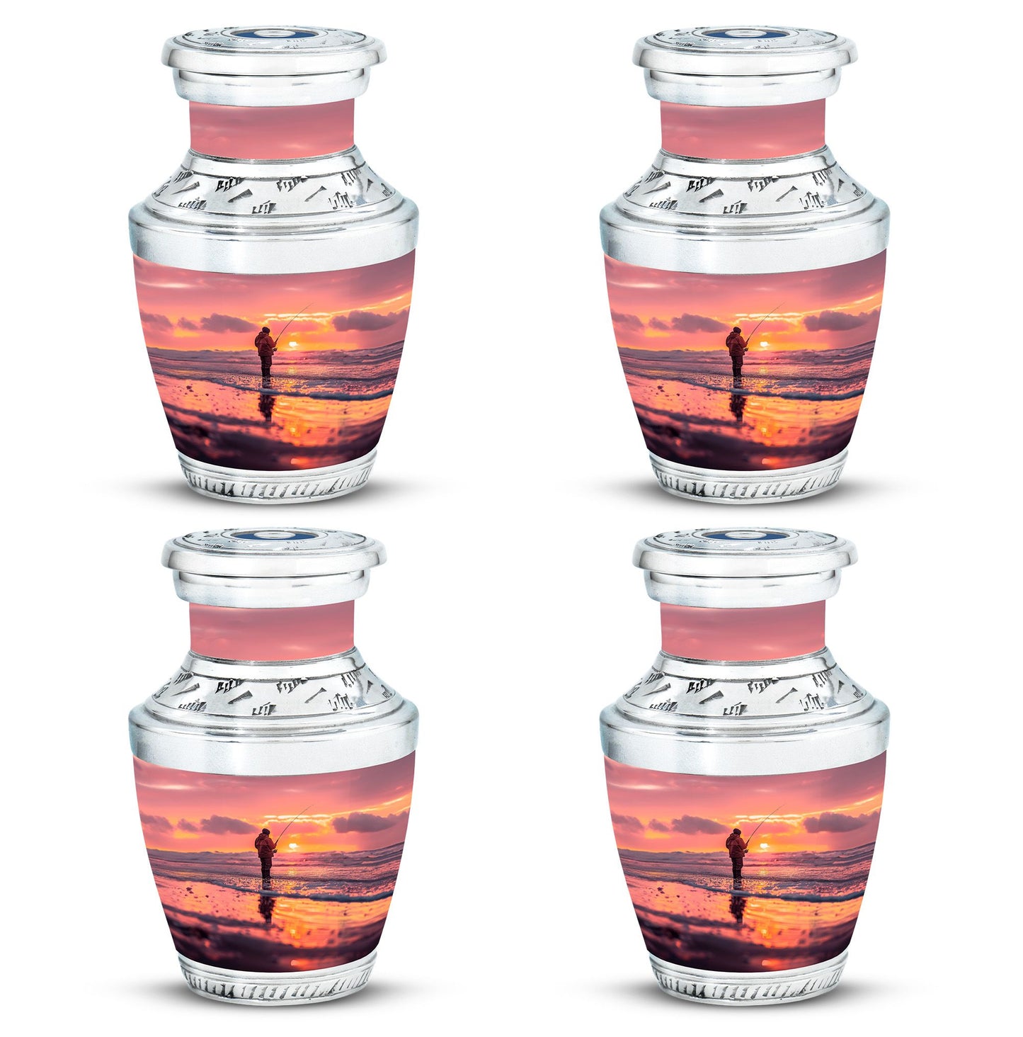 Fishing Urn for Pet Ashes, Angler with Rod at Pink Sunset, Memorial Urn