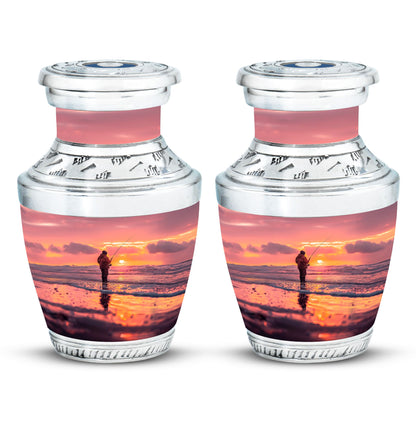 Fishing Urn for Pet Ashes, Angler with Rod at Pink Sunset, Memorial Urn