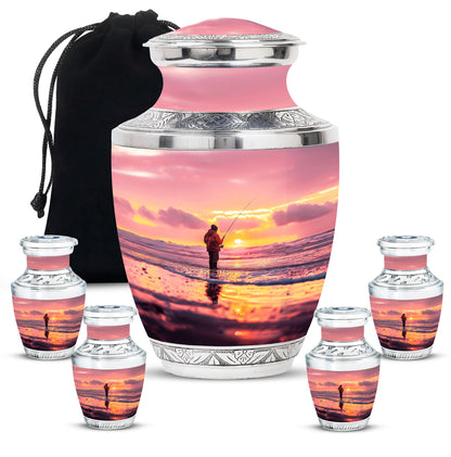 Fishing Urn for Pet Ashes, Angler with Rod at Pink Sunset, Memorial Urn