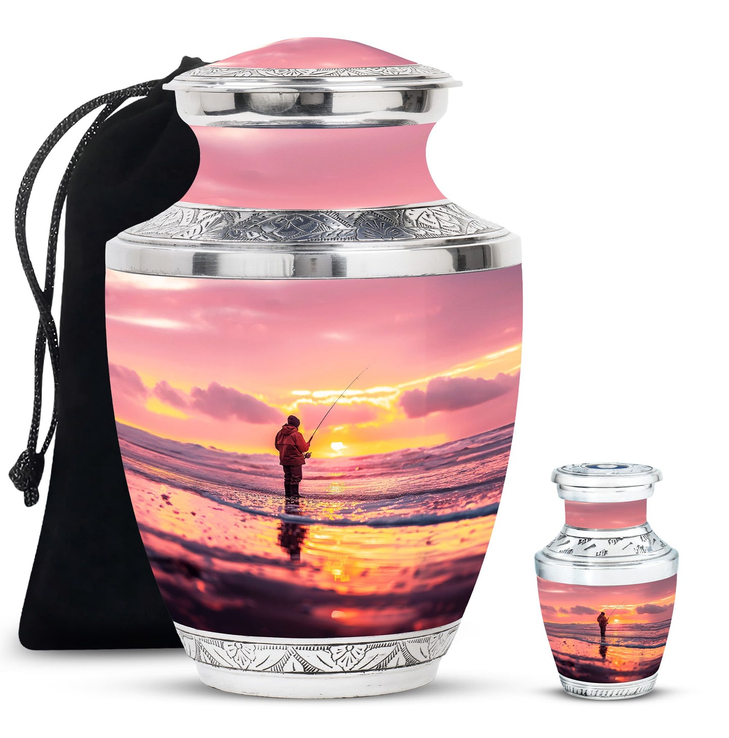 Fishing Urn for Pet Ashes, Angler with Rod at Pink Sunset, Memorial Urn