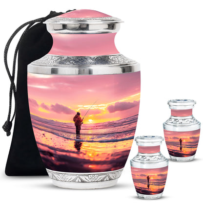Fishing Urn for Pet Ashes, Angler with Rod at Pink Sunset, Memorial Urn
