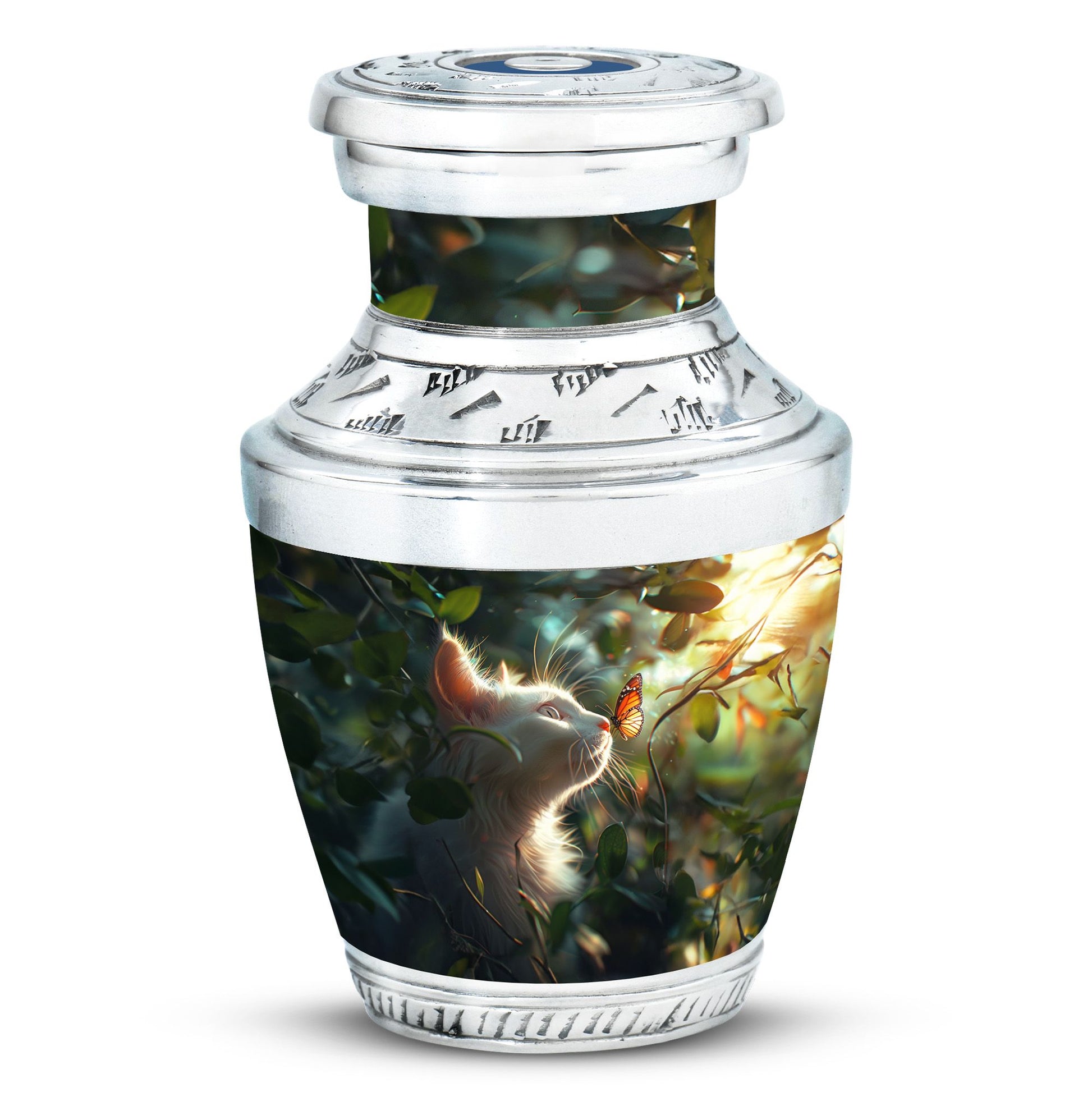Majestic White Cat Urns For Funeral - Cat & Butterfly Memorial Urn