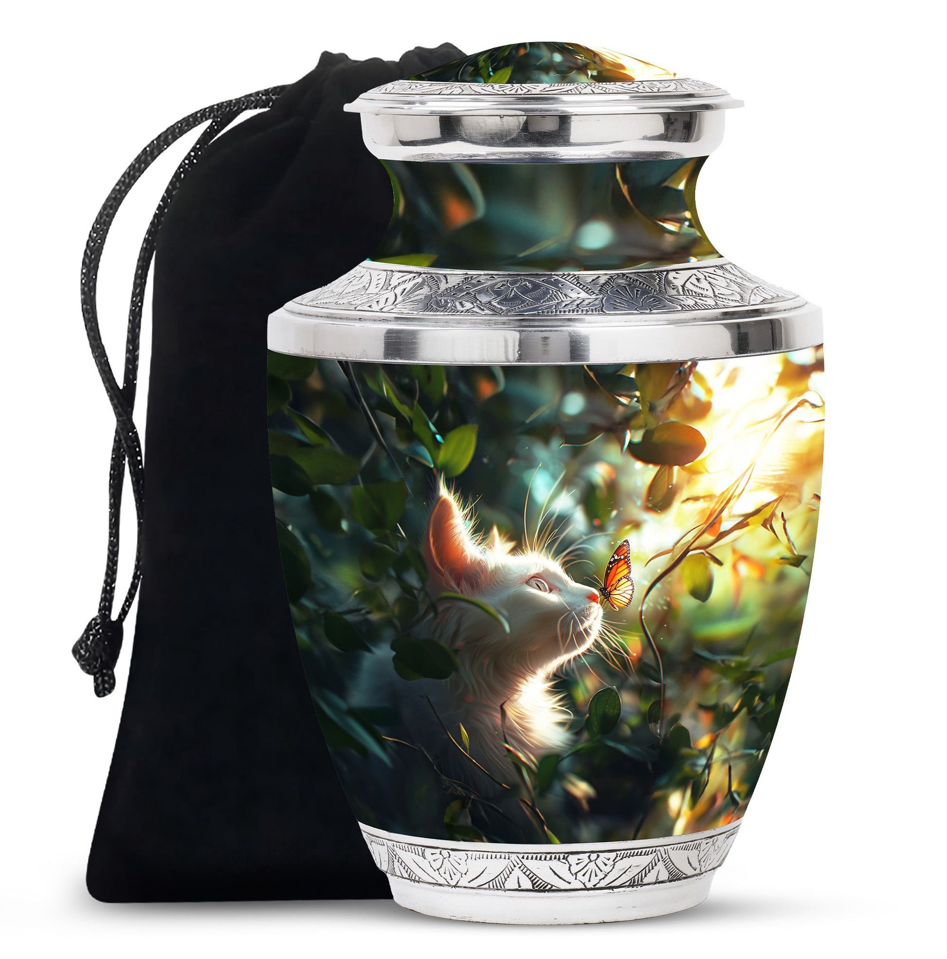 Majestic White Cat Urns For Funeral - Cat & Butterfly Memorial Urn