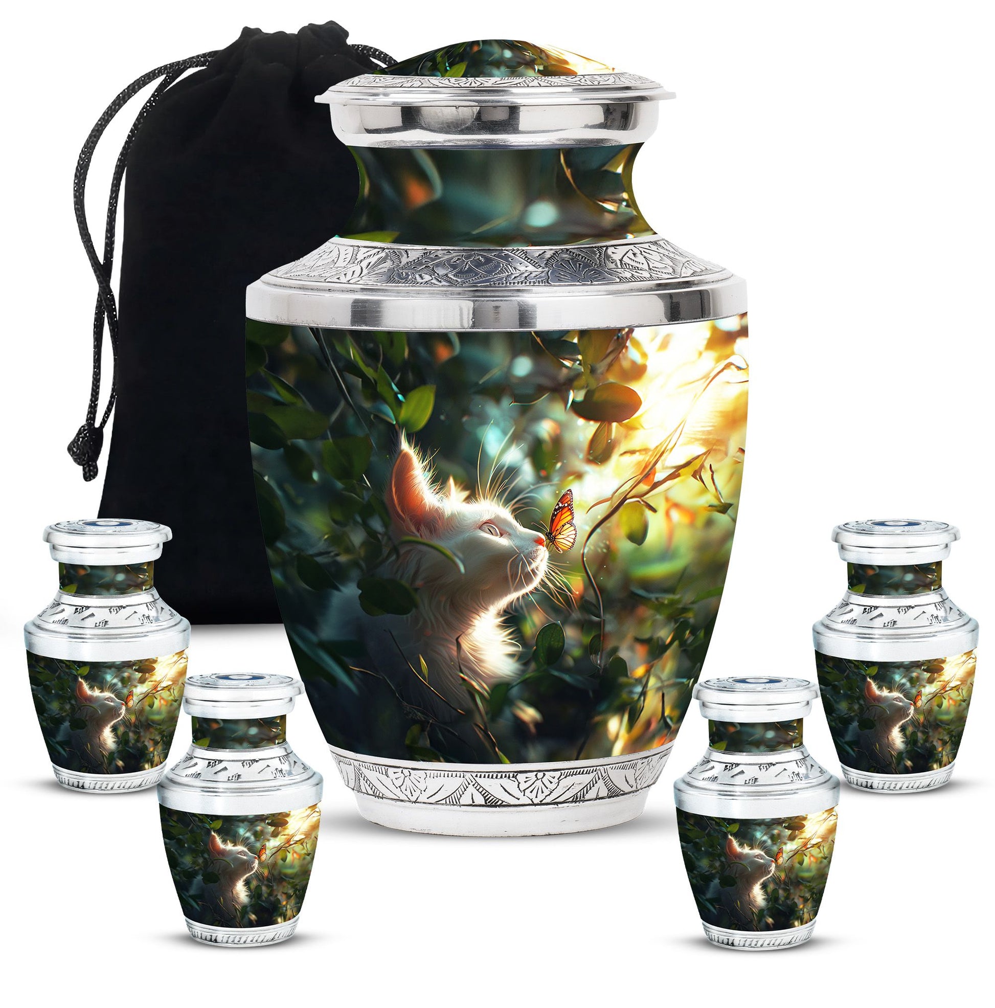 Majestic White Cat Urns For Funeral - Cat & Butterfly Memorial Urn