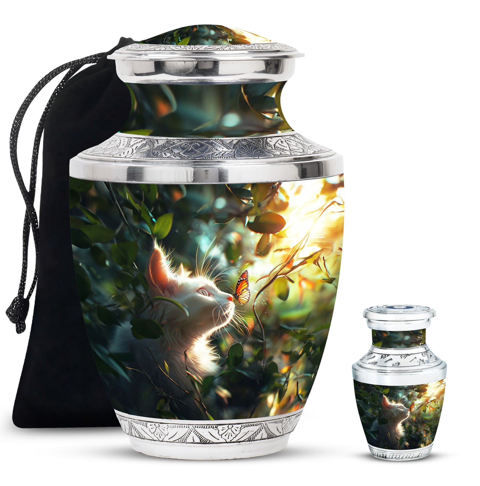 Majestic White Cat Urns For Funeral - Cat & Butterfly Memorial Urn