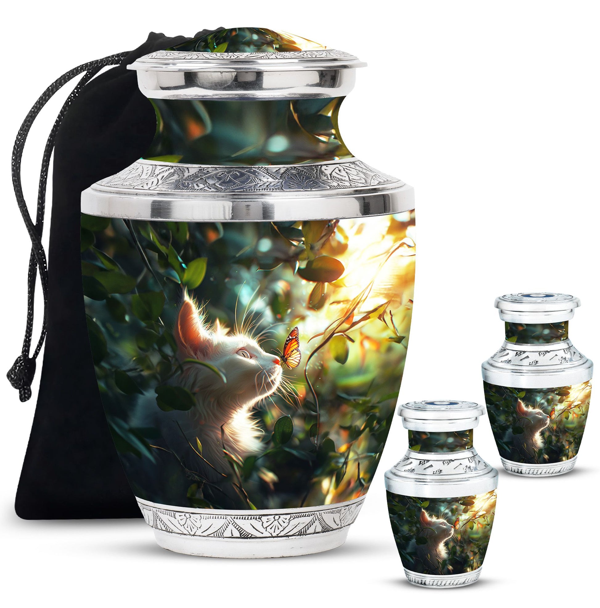 Majestic White Cat Urns For Funeral - Cat & Butterfly Memorial Urn