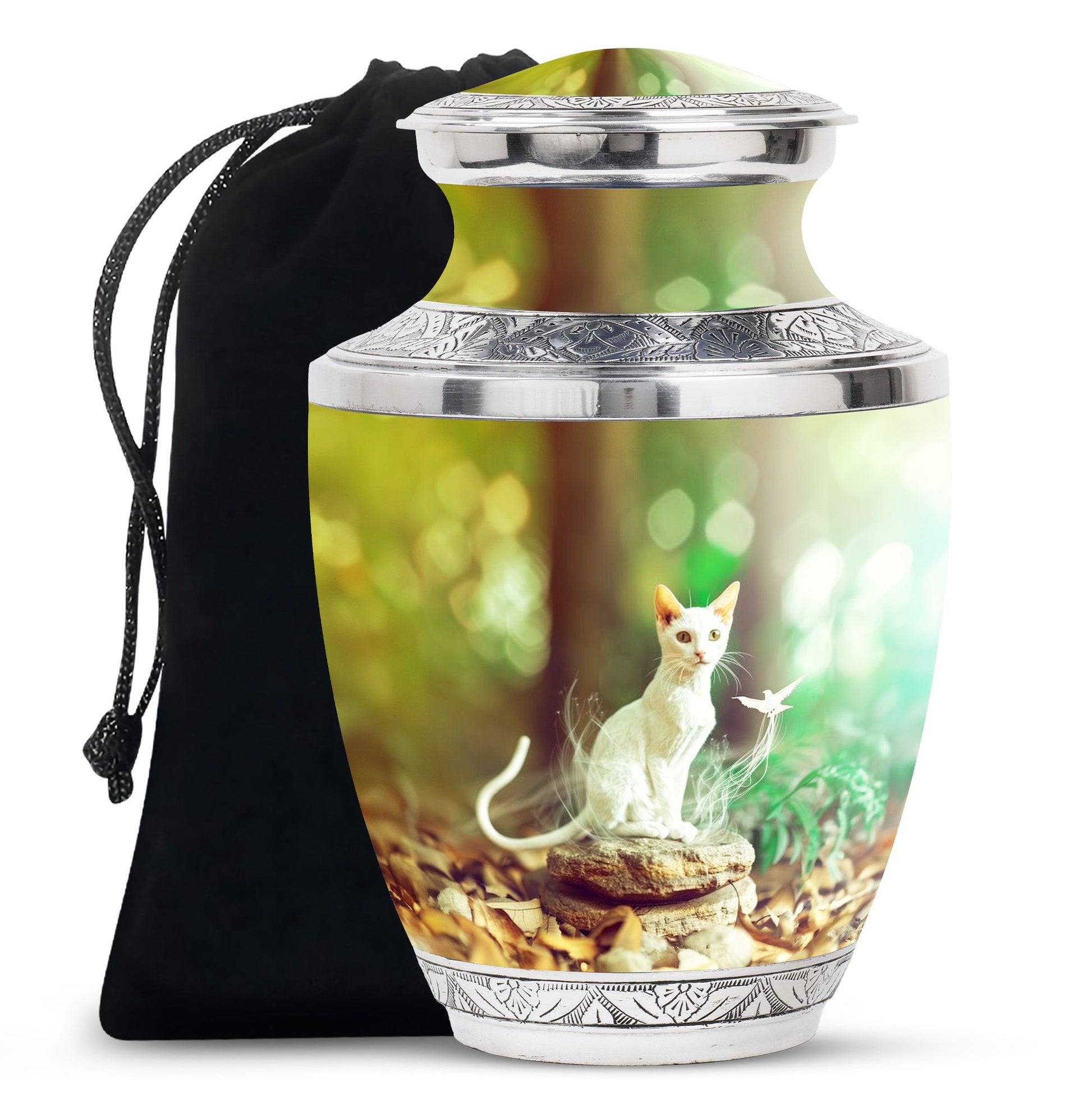 White Cat Urns For Funeral Ashes - Green Pet Cremation Urn For Cats
