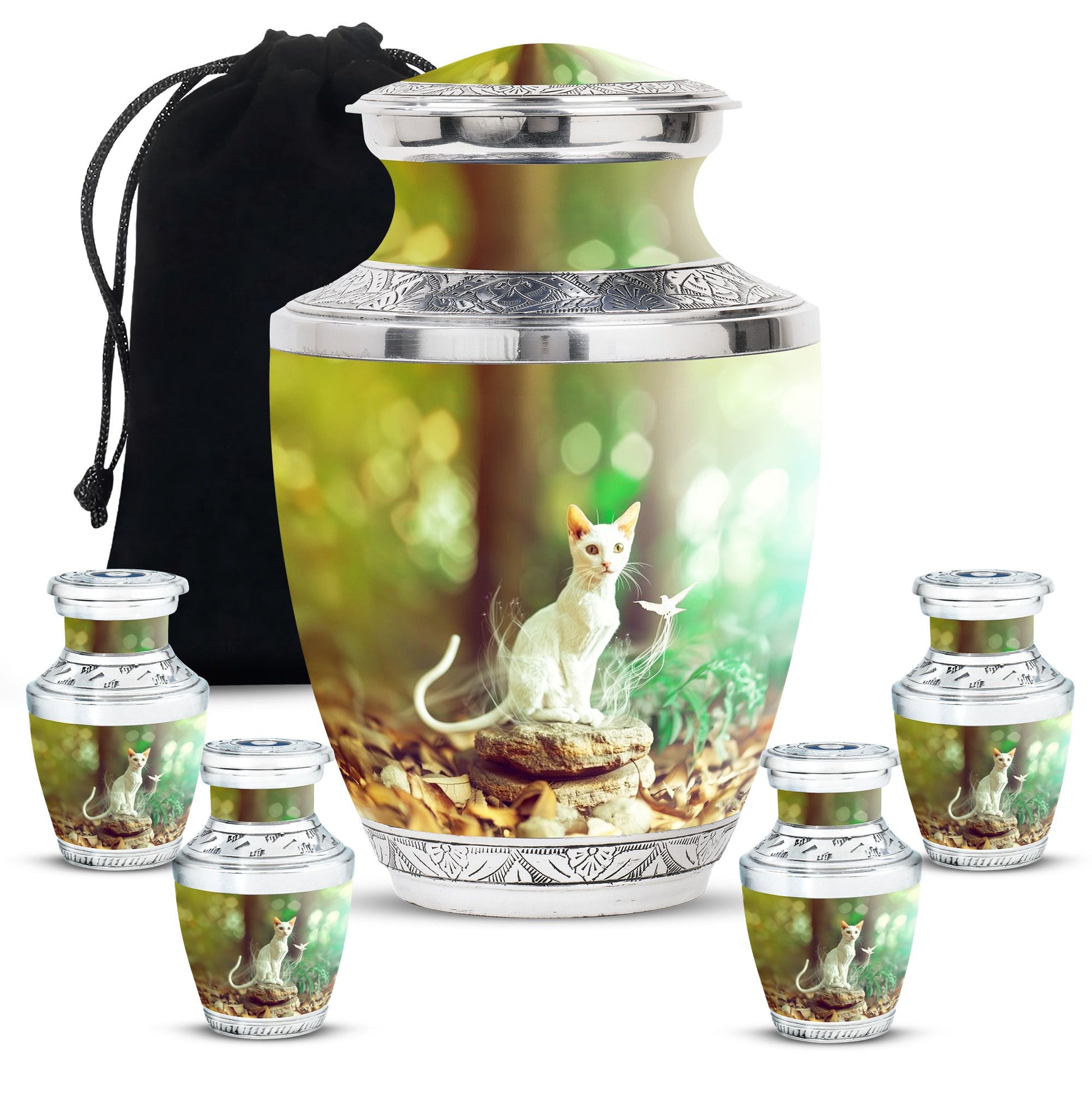 White Cat Urns For Funeral Ashes - Green Pet Cremation Urn For Cats