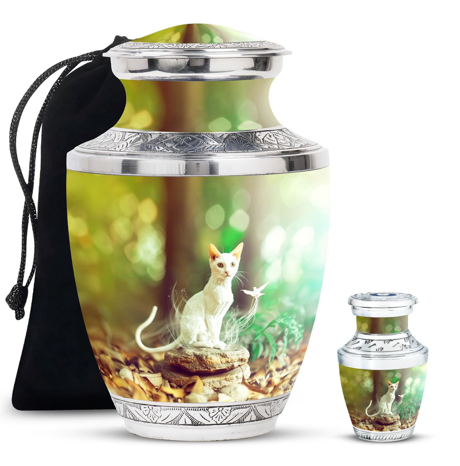 White Cat Urns For Funeral Ashes - Green Pet Cremation Urn For Cats