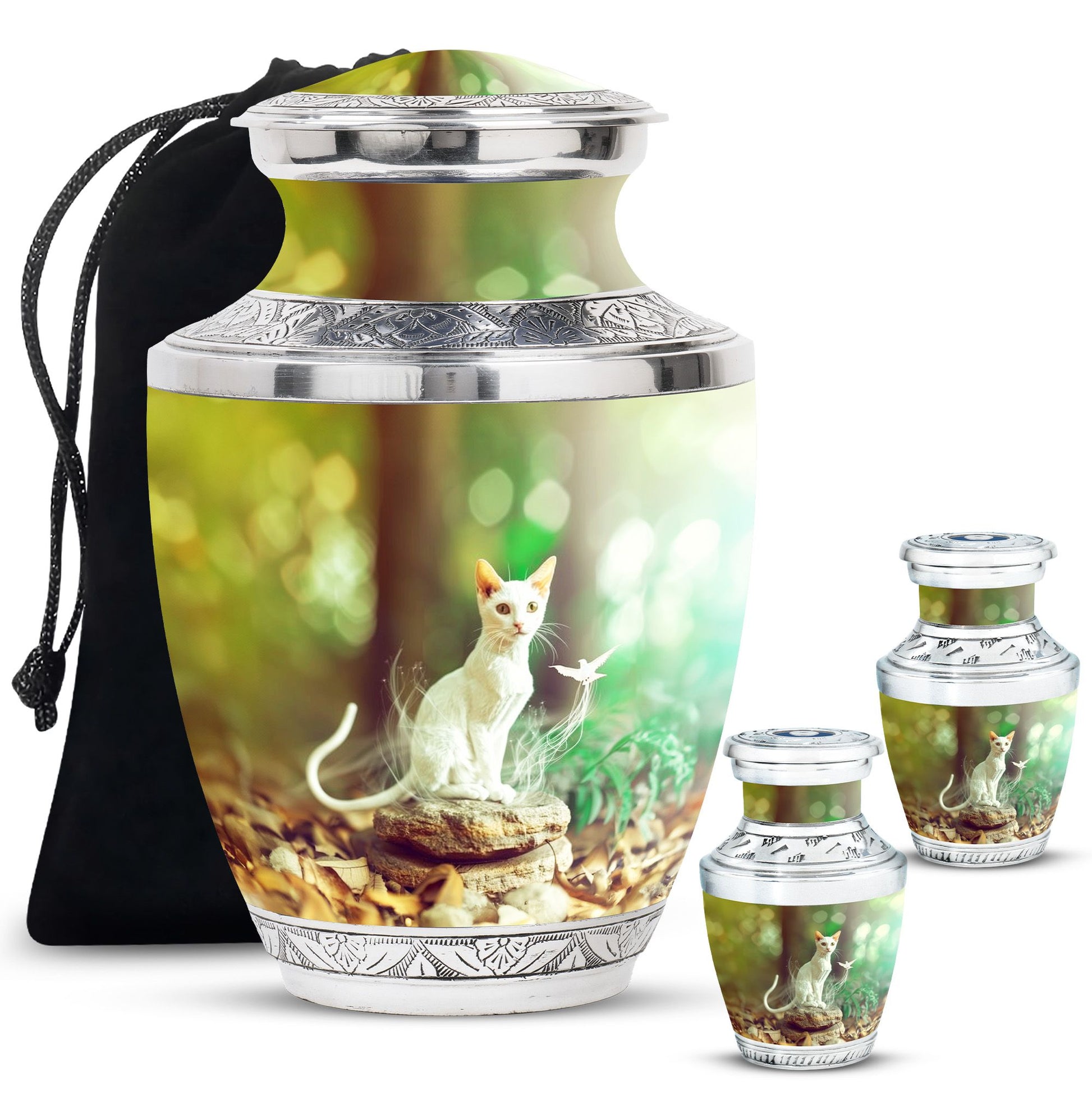 White Cat Urns For Funeral Ashes - Green Pet Cremation Urn For Cats
