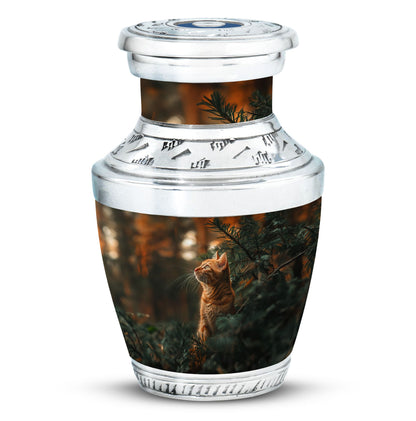 Cat Urn for Pet Ashes, Orange Cat Looking Up Among Pines, Memorial Urn