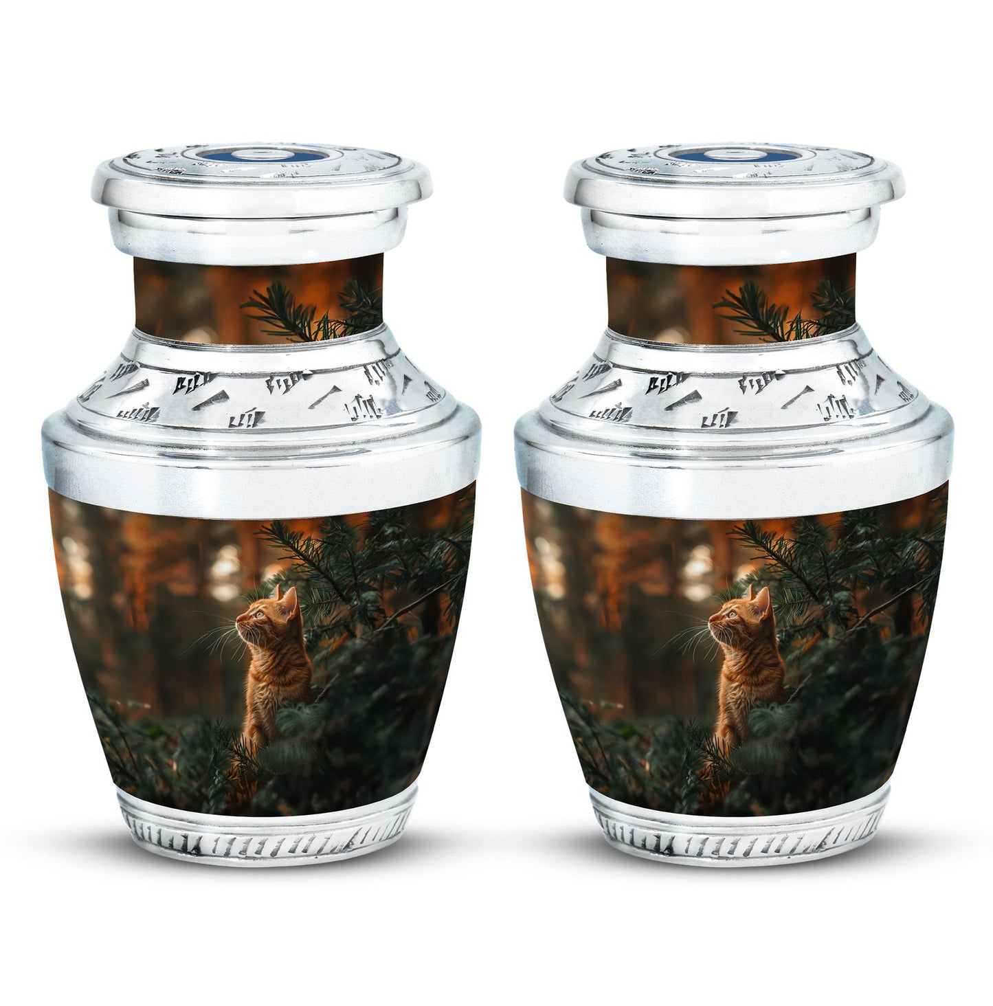 Cat Urn for Pet Ashes, Orange Cat Looking Up Among Pines, Memorial Urn