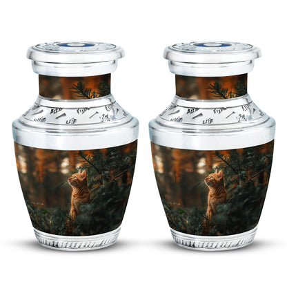 Cat Urn for Pet Ashes, Orange Cat Looking Up Among Pines, Memorial Urn