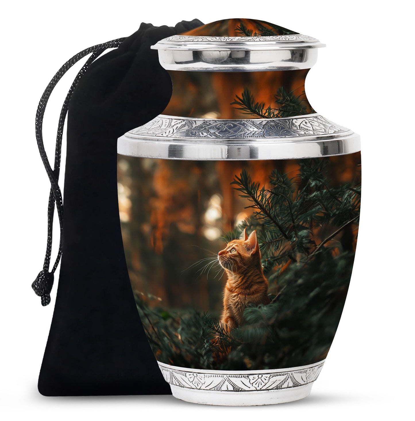 Cat Urn for Pet Ashes, Orange Cat Looking Up Among Pines, Memorial Urn