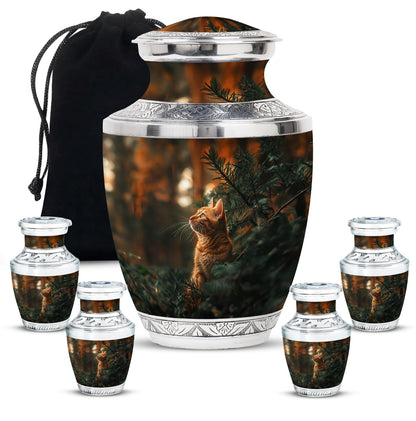 Cat Urn for Pet Ashes, Orange Cat Looking Up Among Pines, Memorial Urn