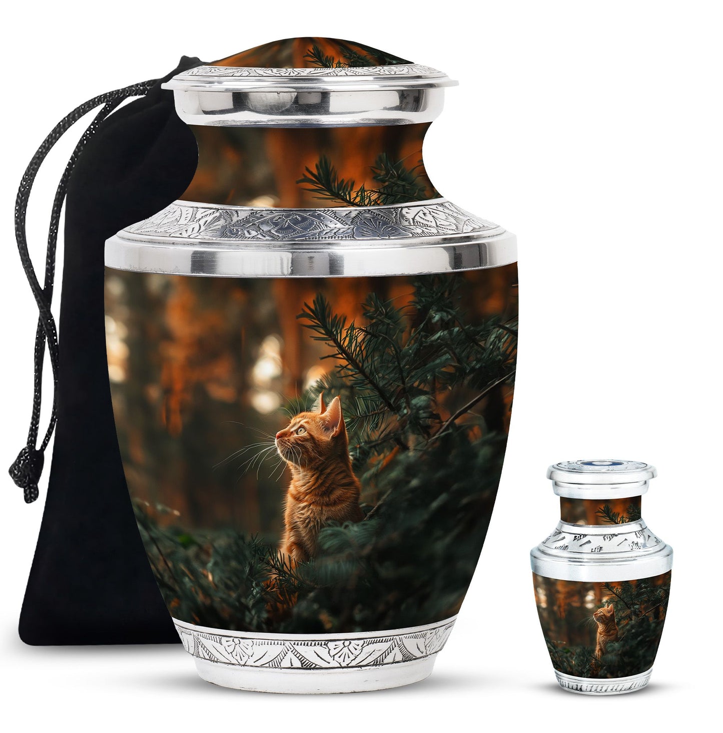 Cat Urn for Pet Ashes, Orange Cat Looking Up Among Pines, Memorial Urn