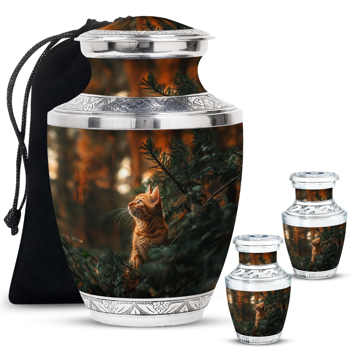 Cat Urn for Pet Ashes, Orange Cat Looking Up Among Pines, Memorial Urn