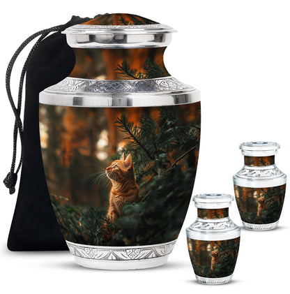 Cat Urn for Pet Ashes, Orange Cat Looking Up Among Pines, Memorial Urn
